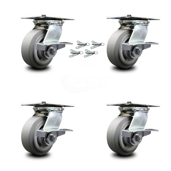 5 Inch Thermoplastic Caster Set with Ball Bearings and Brakes/Swivel Locks SCC